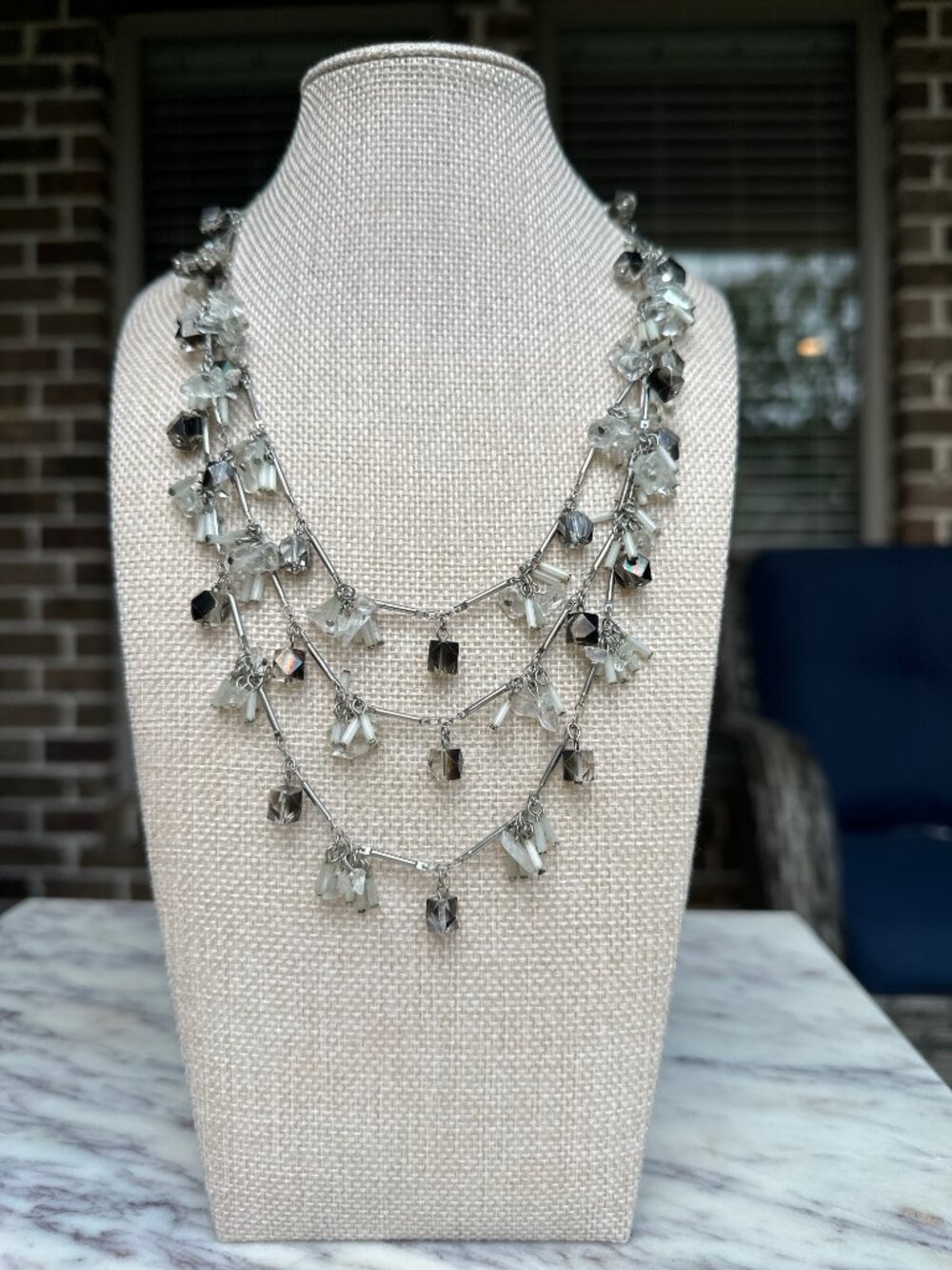 Coldwater Creek Beaded Sparkle Short or Mid Charm Necklace in Silver Cream Gray
